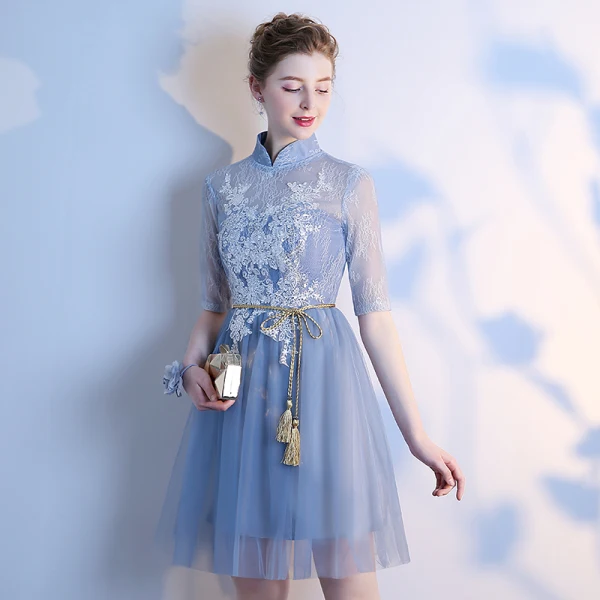 Chic / Beautiful Summer Sky Blue Bridesmaid Dresses 2018 A-Line / Princess Appliques Lace Bow Backless Short Wedding Party Dresses