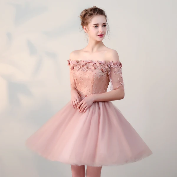 Affordable Formal Dresses 2017 Graduation Dresses Lace Appliques Pearl Off-The-Shoulder Backless 1/2 Sleeves Pearl Pink Short A-Line / Princess