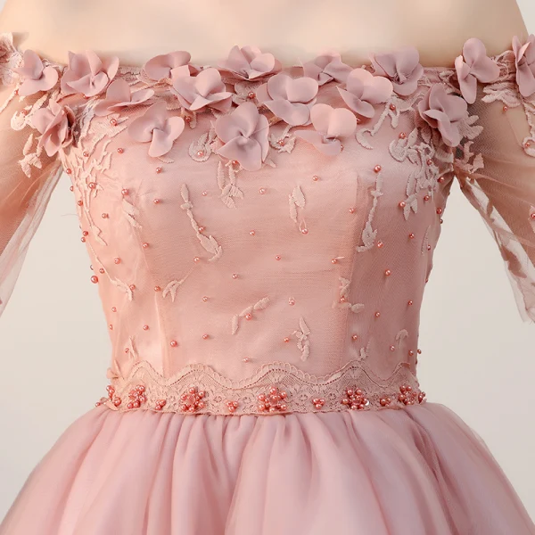Affordable Formal Dresses 2017 Graduation Dresses Lace Appliques Pearl Off-The-Shoulder Backless 1/2 Sleeves Pearl Pink Short A-Line / Princess