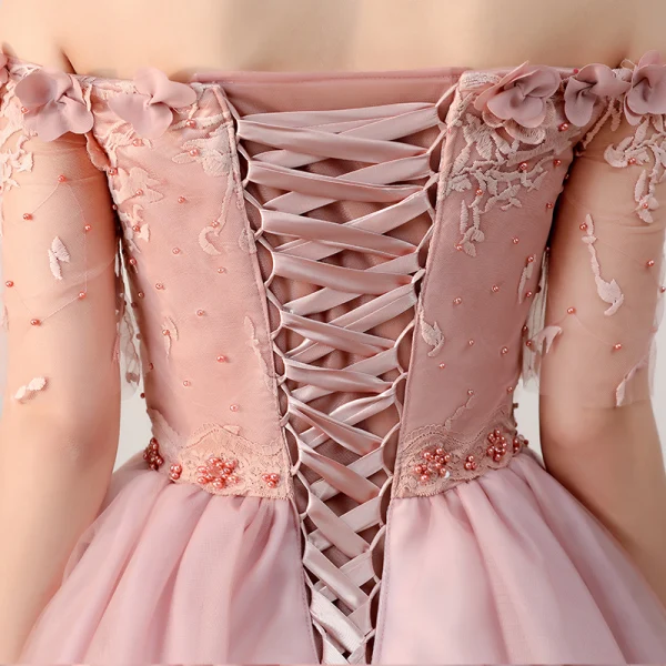 Affordable Formal Dresses 2017 Graduation Dresses Lace Appliques Pearl Off-The-Shoulder Backless 1/2 Sleeves Pearl Pink Short A-Line / Princess