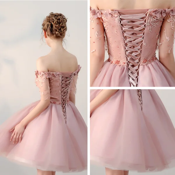 Affordable Formal Dresses 2017 Graduation Dresses Lace Appliques Pearl Off-The-Shoulder Backless 1/2 Sleeves Pearl Pink Short A-Line / Princess