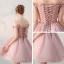 Affordable Formal Dresses 2017 Graduation Dresses Lace Appliques Pearl Off-The-Shoulder Backless 1/2 Sleeves Pearl Pink Short A-Line / Princess