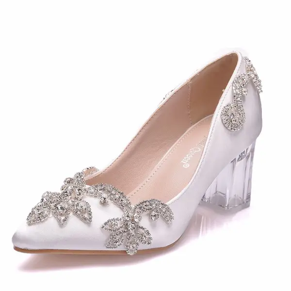 Mode Weiß Strass Kristall Pumps 2023 9 cm Thick Heels Spitzschuh Hochzeit Sandaletten Hochhackige