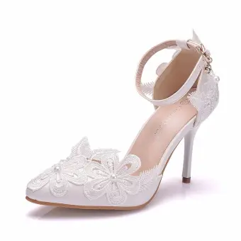 Elegante Weiß Perle Spitze Blumen Brautschuhe 2025 Knöchelriemen 9 Cm Stilettos Spitzschuh Hochzeit Hochhackige
