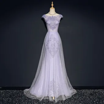 Elegante Lavendel Avondjurken 2018 A Lijn Ronde Hals Kapmouwen Appliques Kant Kristal Sweep Trein Ruche Ruglooze Gelegenheid Jurken