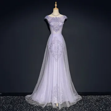 Elegant Lavender Evening Dresses 2018 A Line Princess Scoop Neck Cap Sleeves Appliques Lace Crystal Sweep Train Ruffle Backless Formal Dresses