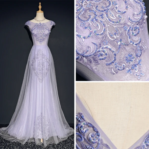 Elegante Lavendel Abendkleider 2018 A Linie Rundhalsausschnitt Ärmel Applikationen Mit Spitze Kristall Sweep / Pinsel Zug Rüschen Rückenfreies Festliche Kleider
