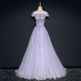 Chic Beautiful Lavender Evening Dresses 2018 A Line Princess Off The Shoulder Short Sleeve Appliques Lace Beading Crystal Sweep Train Ruffle Backless Formal Dresses