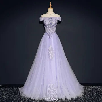 Chic Beautiful Lavender Evening Dresses 2018 A Line Princess Off The Shoulder Short Sleeve Appliques Lace Beading Crystal Sweep Train Ruffle Backless Formal Dresses
