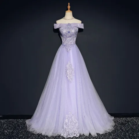 Schöne Lavendel Abendkleider 2018 A Linie Off Shoulder Kurze Ärmel Applikationen Mit Spitze Perlenstickerei Kristall Sweep / Pinsel Zug Rüschen Rückenfreies Festliche Kleider