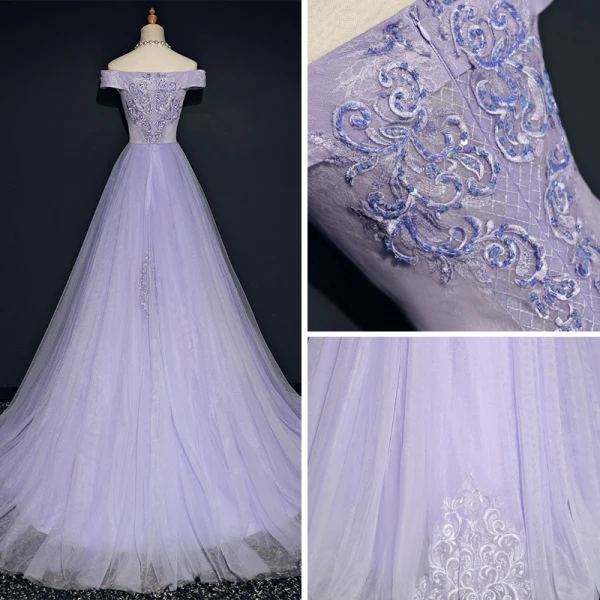 Schöne Lavendel Abendkleider 2018 A Linie Off Shoulder Kurze Ärmel Applikationen Mit Spitze Perlenstickerei Kristall Sweep / Pinsel Zug Rüschen Rückenfreies Festliche Kleider