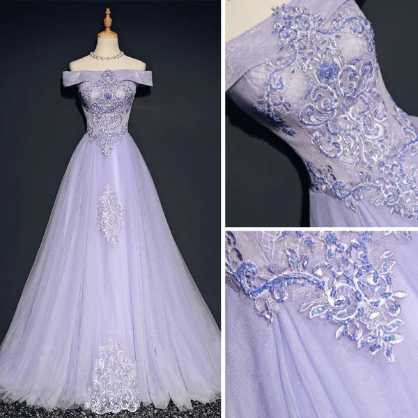 Schöne Lavendel Abendkleider 2018 A Linie Off Shoulder Kurze Ärmel Applikationen Mit Spitze Perlenstickerei Kristall Sweep / Pinsel Zug Rüschen Rückenfreies Festliche Kleider