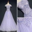 Schöne Lavendel Abendkleider 2018 A Linie Off Shoulder Kurze Ärmel Applikationen Mit Spitze Perlenstickerei Kristall Sweep / Pinsel Zug Rüschen Rückenfreies Festliche Kleider