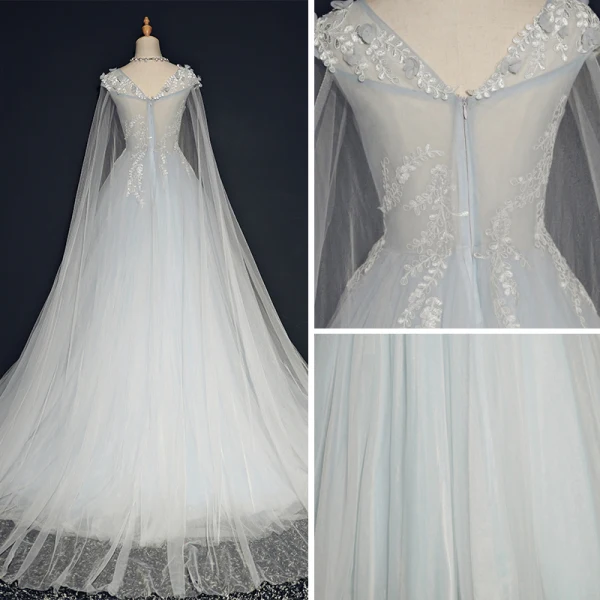 Élégant Bleu Ciel Robe De Bal 2018 Princesse Encolure Carrée Sans Manches Appliques En Dentelle Watteau Train Volants Dos Nu Robe De Ceremonie