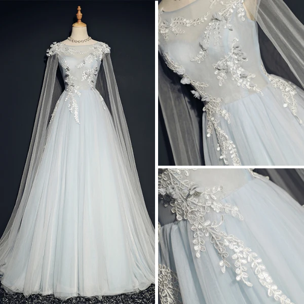 Élégant Bleu Ciel Robe De Bal 2018 Princesse Encolure Carrée Sans Manches Appliques En Dentelle Watteau Train Volants Dos Nu Robe De Ceremonie