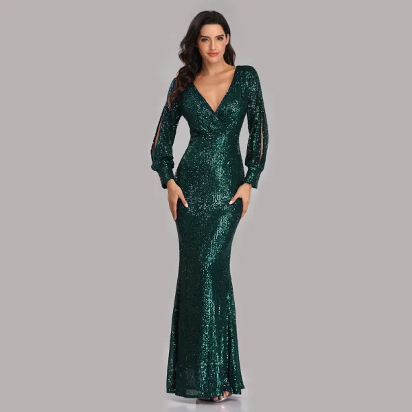 Sparkly Black Sequins Evening Dresses 2023 Trumpet / Mermaid V-Neck Long Sleeve Floor-Length / Long Evening Party Formal Dresses