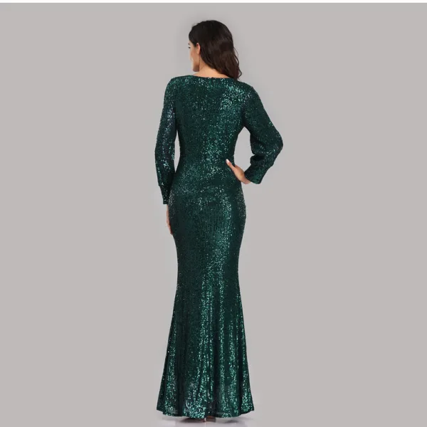 Sparkly Black Sequins Evening Dresses 2023 Trumpet / Mermaid V-Neck Long Sleeve Floor-Length / Long Evening Party Formal Dresses