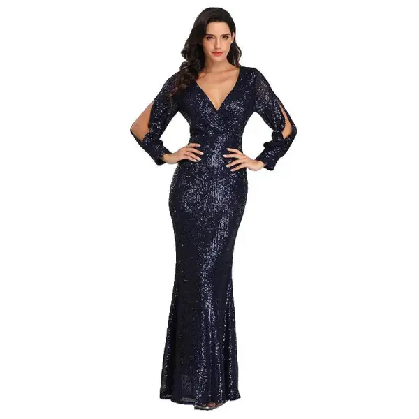 Sparkly Black Sequins Evening Dresses 2023 Trumpet / Mermaid V-Neck Long Sleeve Floor-Length / Long Evening Party Formal Dresses