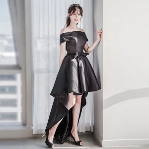 Chic Belle Noire Robe De Cocktail 2018 Princesse De L Épaule Manches Courtes Perlage Ceinture Asymétrique Dos Nu Robe De Ceremonie