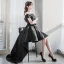Chic / Belle Noire Robe De Cocktail 2018 Princesse De l'épaule Manches Courtes Perlage Ceinture Asymétrique Dos Nu Robe De Ceremonie