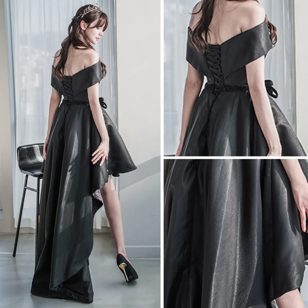 Chic / Belle Noire Robe De Cocktail 2018 Princesse De l'épaule Manches Courtes Perlage Ceinture Asymétrique Dos Nu Robe De Ceremonie