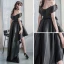 Chic / Belle Noire Robe De Cocktail 2018 Princesse De l'épaule Manches Courtes Perlage Ceinture Asymétrique Dos Nu Robe De Ceremonie