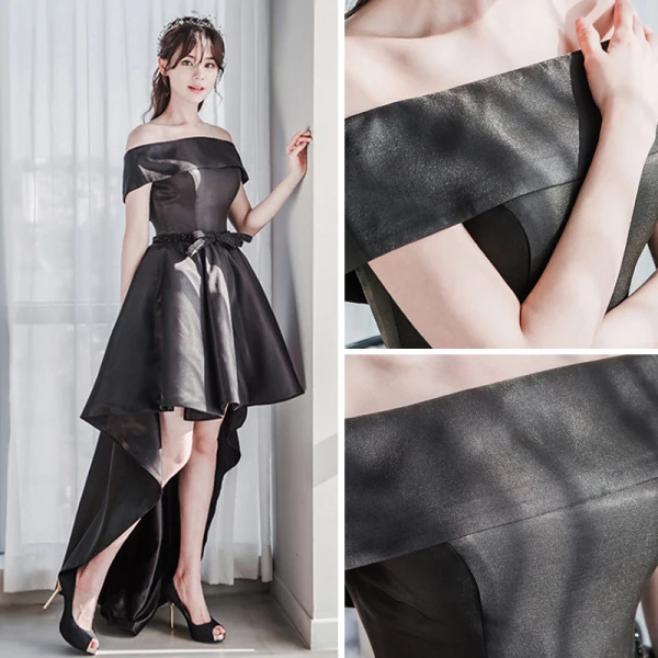 Chic / Belle Noire Robe De Cocktail 2018 Princesse De l'épaule Manches Courtes Perlage Ceinture Asymétrique Dos Nu Robe De Ceremonie