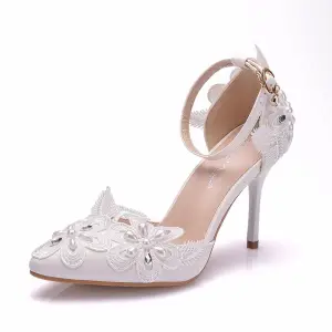 Réservé Blanche Perle En Dentelle Fleur Chaussure De Mariée 2025 Bride Cheville 9 Cm Talons Aiguilles À Bout Pointu Mariage Talons