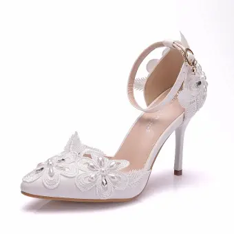 Réservé Blanche Perle En Dentelle Fleur Chaussure De Mariée 2025 Bride Cheville 9 Cm Talons Aiguilles À Bout Pointu Mariage Talons