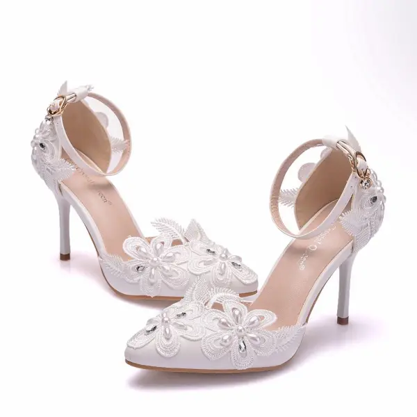 Réservé Blanche Perle En Dentelle Fleur Chaussure De Mariée 2025 Bride Cheville 9 cm Talons Aiguilles À Bout Pointu Mariage Talons