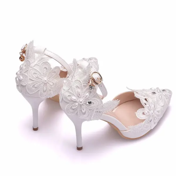 Réservé Blanche Perle En Dentelle Fleur Chaussure De Mariée 2025 Bride Cheville 9 cm Talons Aiguilles À Bout Pointu Mariage Talons