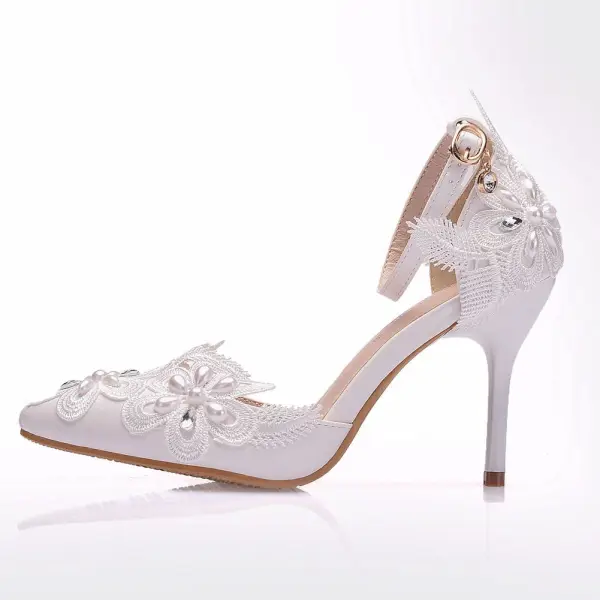 Réservé Blanche Perle En Dentelle Fleur Chaussure De Mariée 2025 Bride Cheville 9 cm Talons Aiguilles À Bout Pointu Mariage Talons