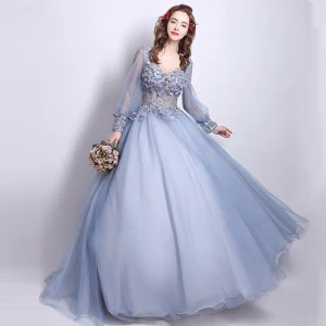 Abordable Robe De Bal 2017 En Dentelle Perlage Appliques Fleur Dos Nu Perle V Cou Manches Longues Longue Gris Robe Boule