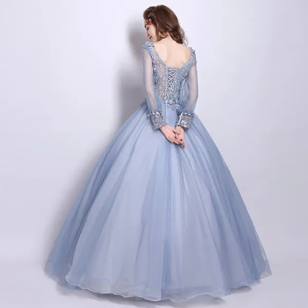 Affordable Prom Dresses 2017 Lace Beading Appliques Flower Backless Pearl V-Neck Long Sleeve Floor-Length / Long Grey Ball Gown