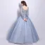 Affordable Prom Dresses 2017 Lace Beading Appliques Flower Backless Pearl V-Neck Long Sleeve Floor-Length / Long Grey Ball Gown