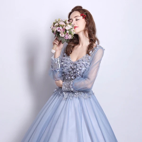 Affordable Prom Dresses 2017 Lace Beading Appliques Flower Backless Pearl V-Neck Long Sleeve Floor-Length / Long Grey Ball Gown