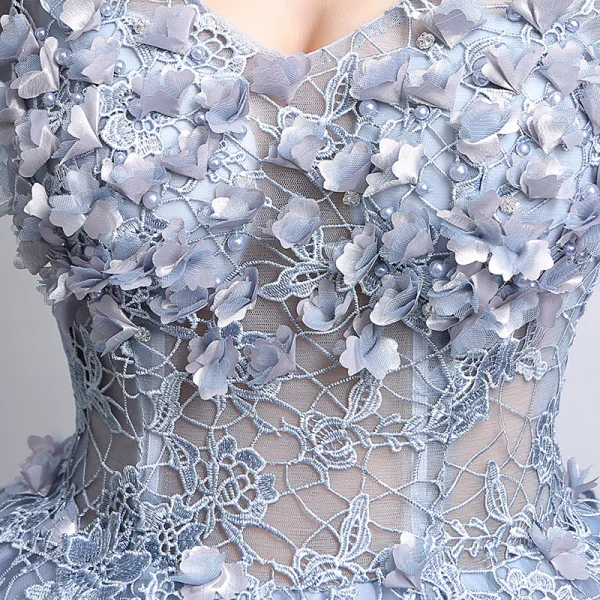 Affordable Prom Dresses 2017 Lace Beading Appliques Flower Backless Pearl V-Neck Long Sleeve Floor-Length / Long Grey Ball Gown