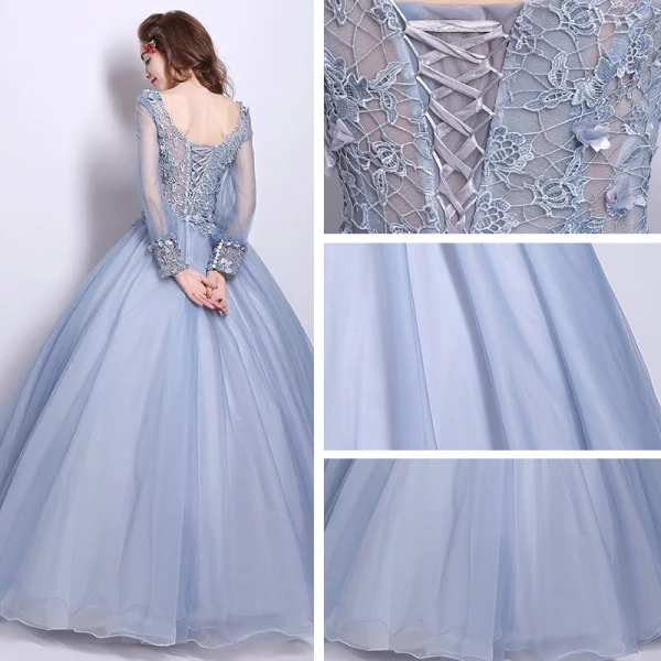 Affordable Prom Dresses 2017 Lace Beading Appliques Flower Backless Pearl V-Neck Long Sleeve Floor-Length / Long Grey Ball Gown