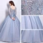 Affordable Prom Dresses 2017 Lace Beading Appliques Flower Backless Pearl V-Neck Long Sleeve Floor-Length / Long Grey Ball Gown