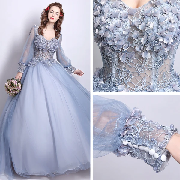 Affordable Prom Dresses 2017 Lace Beading Appliques Flower Backless Pearl V-Neck Long Sleeve Floor-Length / Long Grey Ball Gown