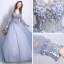 Affordable Prom Dresses 2017 Lace Beading Appliques Flower Backless Pearl V-Neck Long Sleeve Floor-Length / Long Grey Ball Gown