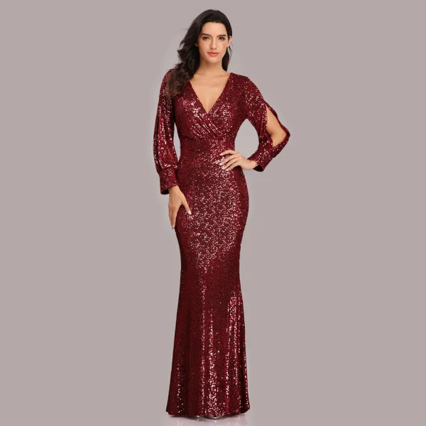 Sparkly Black Sequins Evening Dresses 2023 Trumpet / Mermaid V-Neck Long Sleeve Floor-Length / Long Evening Party Formal Dresses