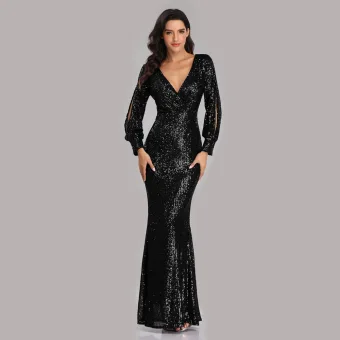 Scintillantes Noire Paillettes Robe De Soirée 2023 Trompette Sirène V Cou Manches Longues Longue Soirée Robe De Ceremonie