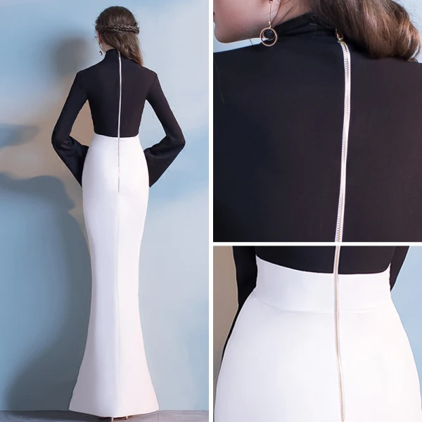 Simple Noire Blanche Robe De Soirée 2018 Trompette / Sirène Col Haut Manches Longues Fendue devant Longue Robe De Ceremonie