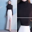 Simple Noire Blanche Robe De Soirée 2018 Trompette / Sirène Col Haut Manches Longues Fendue devant Longue Robe De Ceremonie