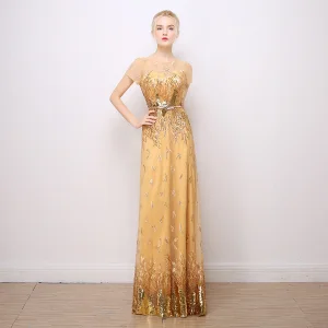 Scintillantes Robe De Soirée 2017 En Dentelle Paillettes Appliques Métal Ceinture Manches Courtes Encolure Dégagée Dos Nu Longue Dorés Gaine Ajustement
