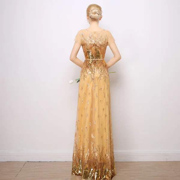 Sparkly Evening Dresses 2017 Lace Sequins Appliques Metal Sash Short Sleeve Scoop Neck Backless Floor-Length / Long Gold Sheath / Fit