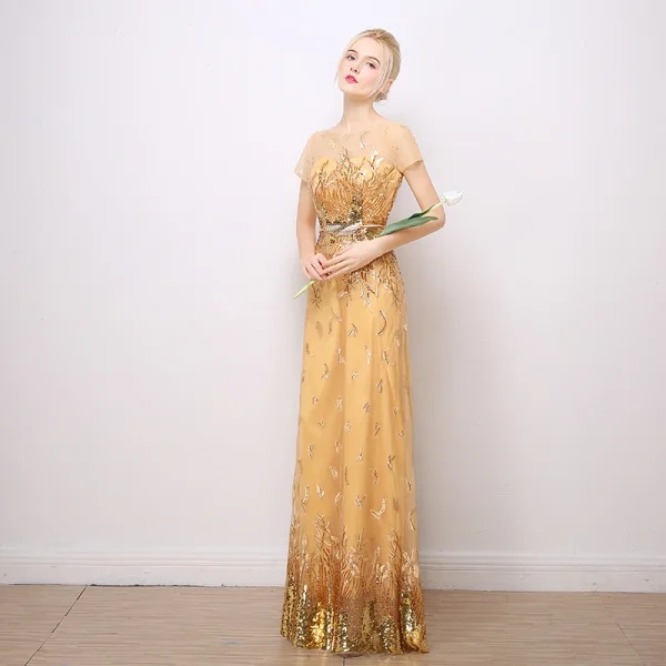 Sparkly Evening Dresses 2017 Lace Sequins Appliques Metal Sash Short Sleeve Scoop Neck Backless Floor-Length / Long Gold Sheath / Fit