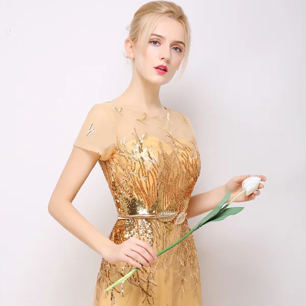 Sparkly Evening Dresses 2017 Lace Sequins Appliques Metal Sash Short Sleeve Scoop Neck Backless Floor-Length / Long Gold Sheath / Fit
