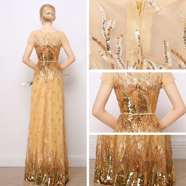 Sparkly Evening Dresses 2017 Lace Sequins Appliques Metal Sash Short Sleeve Scoop Neck Backless Floor-Length / Long Gold Sheath / Fit